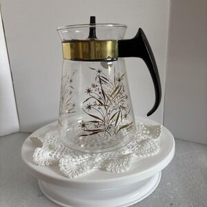 Vintage 1958 Pyrex Glass Coffee Carafe Decanter Gold Print Wheat Floral - 4 cup